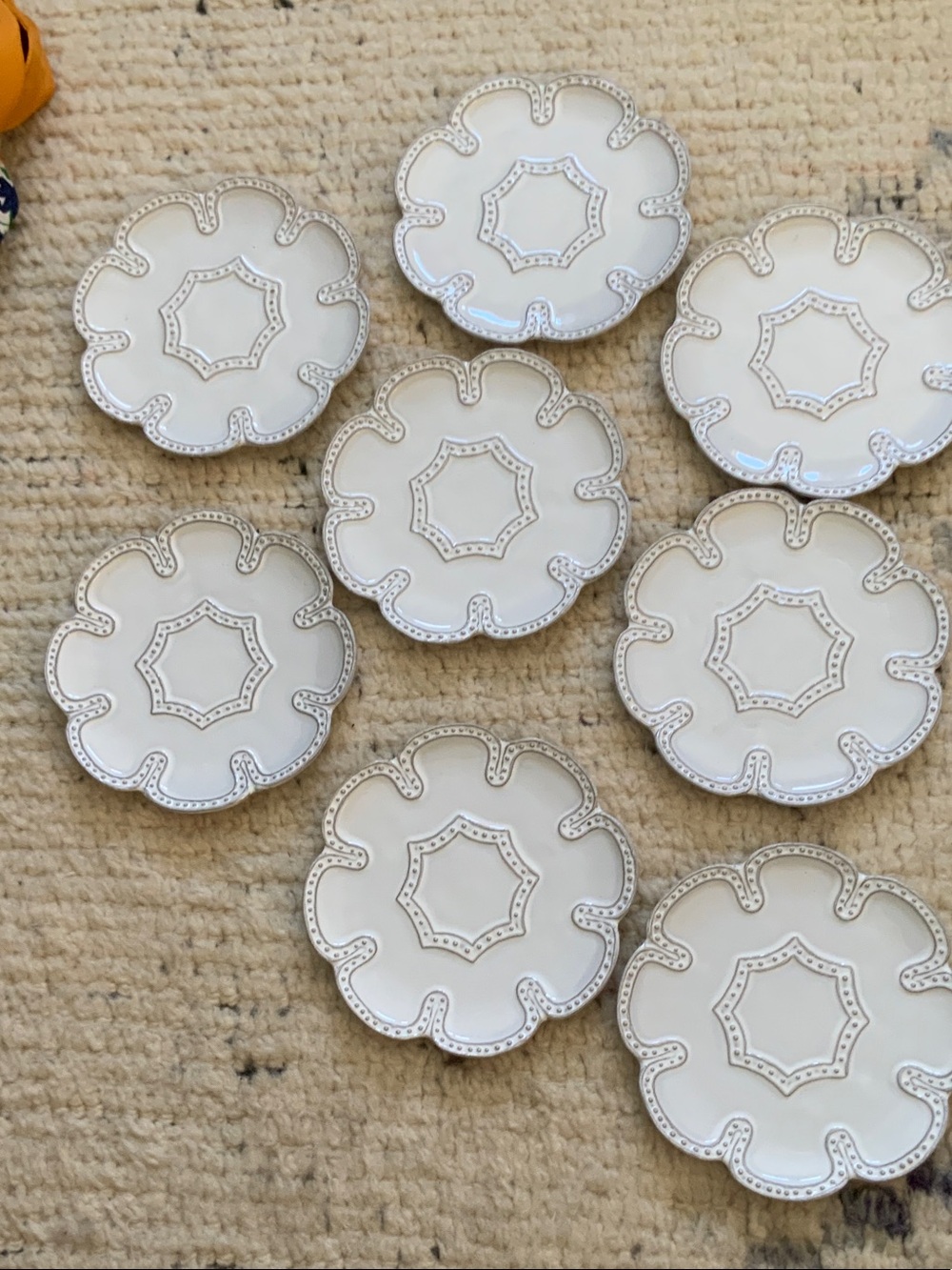 Set of 9 White Decorative Scalloped Dishes with Silver Trim